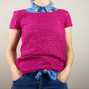 Lilly Pulitzer Fuchsia Pink Poppy Floral Lace Short Sleeve Top